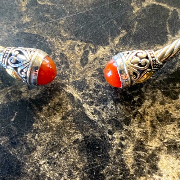Samuel B. Sterling Silver 18K Gold with Coral Gemstones Hinged Cuff Bracelet - Picture 3 of 9